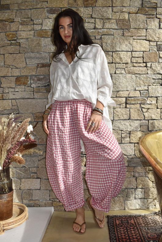 Nonni Gingham Classic Barrel Pant Deep Rose